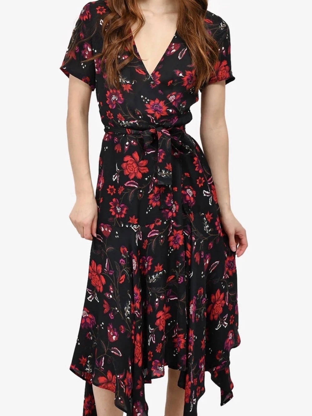 A.L.C. Cora Silk Floral Wrap Midi Dress in Black and Red size 2